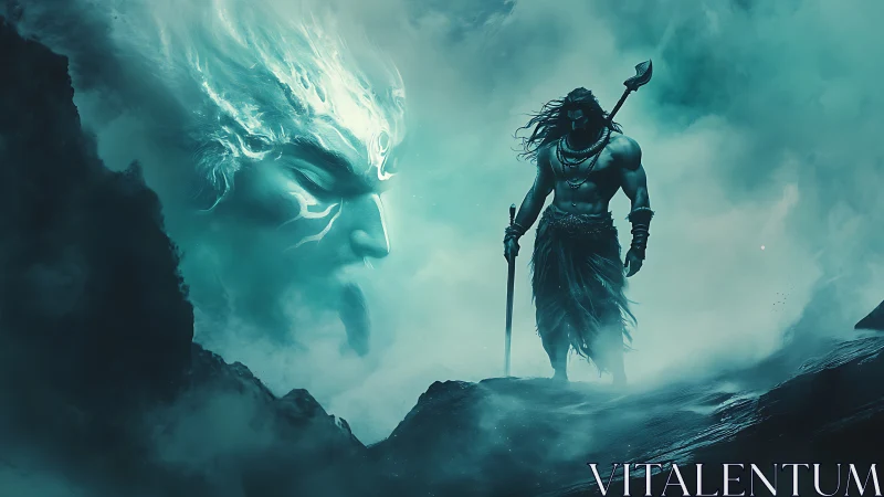 Mythic warrior in spectral mist with colossal astral visage.