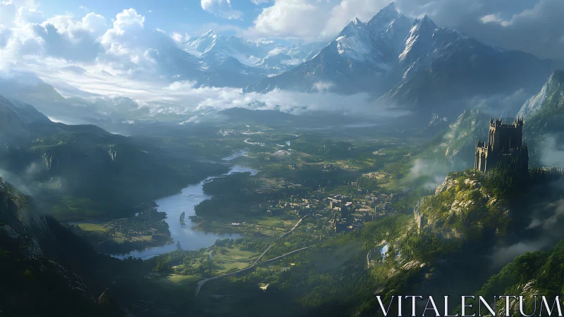 Sweeping alpine fantasy valley with fortified cliffside citadel and river