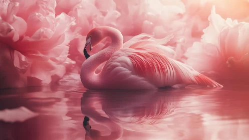 Blushing lagoon flamingo drifting through pastel petals.