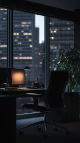 Minimalist night office glows against a quiet city skyline