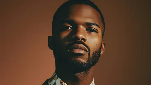 Moody male portrait under warm directional studio lighting.