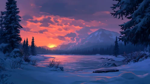 Snowy river at dusk glows beneath a fiery winter sky