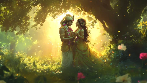 Two figures in traditional garments embrace in luminous garden setting with golden light