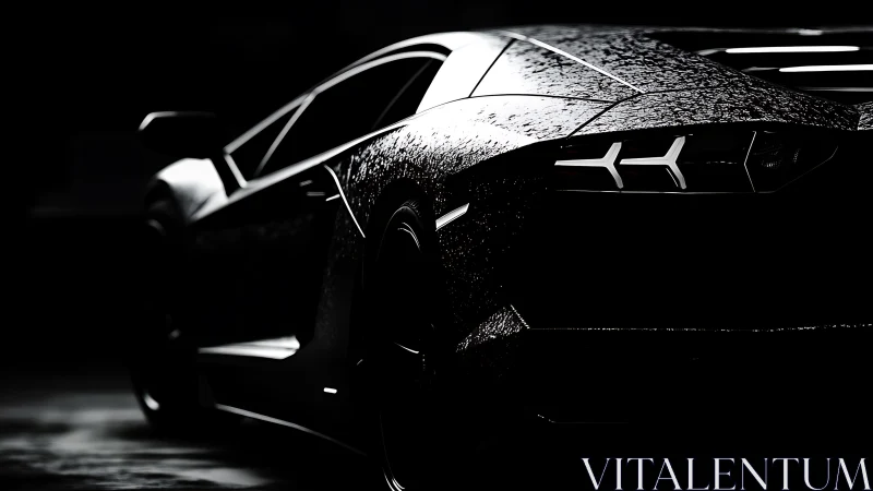 Low key rear view of wet sports car in dramatic lighting.