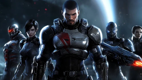 Armored sci fi squad stands ready in dark space setting.