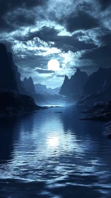 Lunar backlit fjord with specular moon reflection and jagged cliffs.
