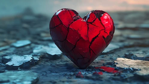 Fractured crimson heart resting on weathered coastal ground.