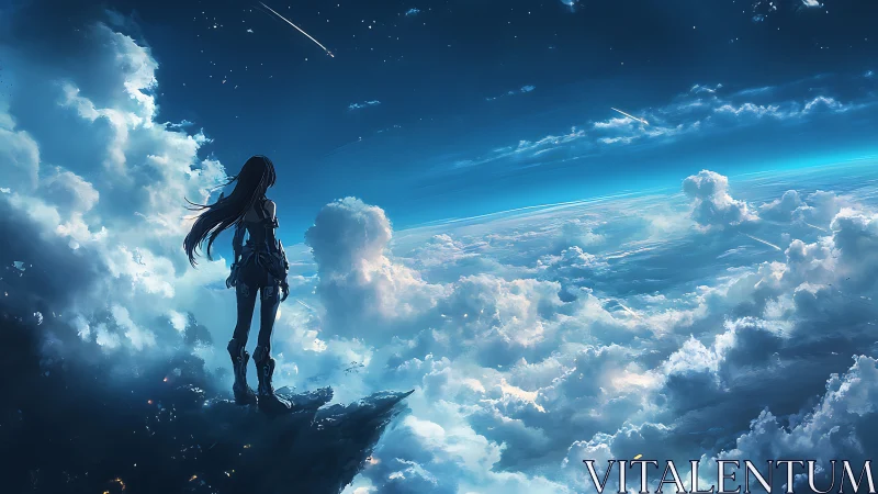 Stargazing sky ranger on cloud-split world horizon.