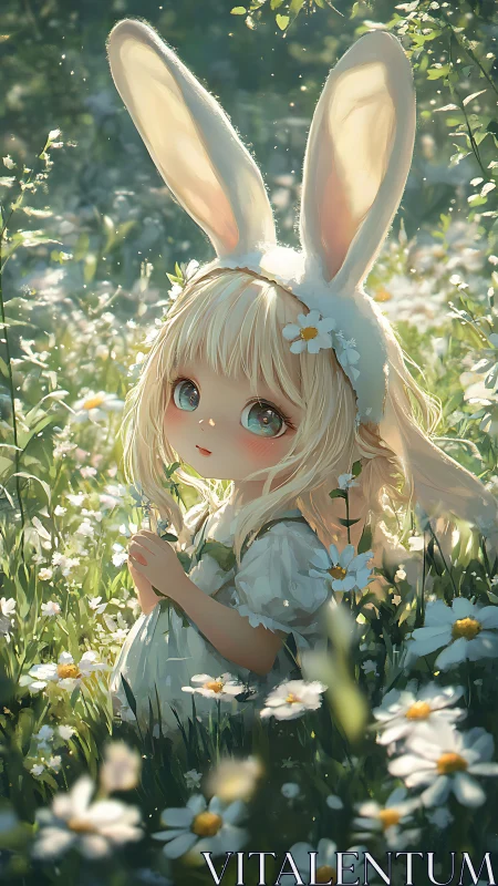 Sunlit bunny-eared dreamer listens softly to meadow secrets