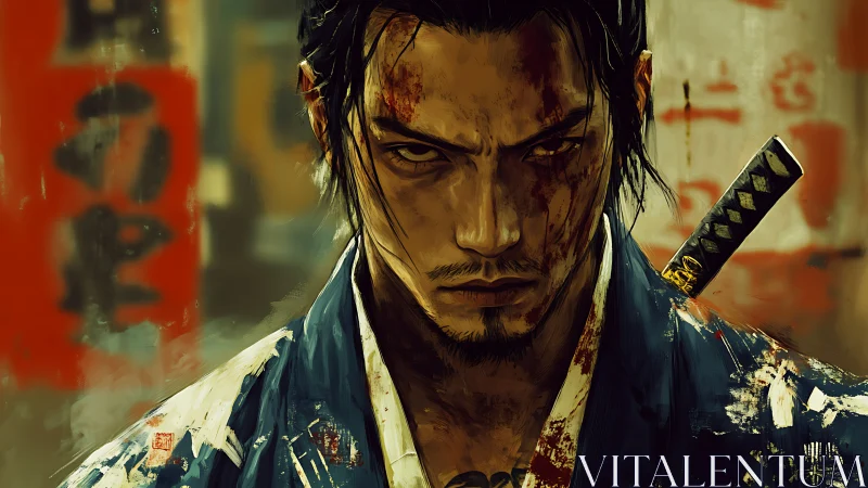 Digital portrait shows bloodstained samurai with focused gaze