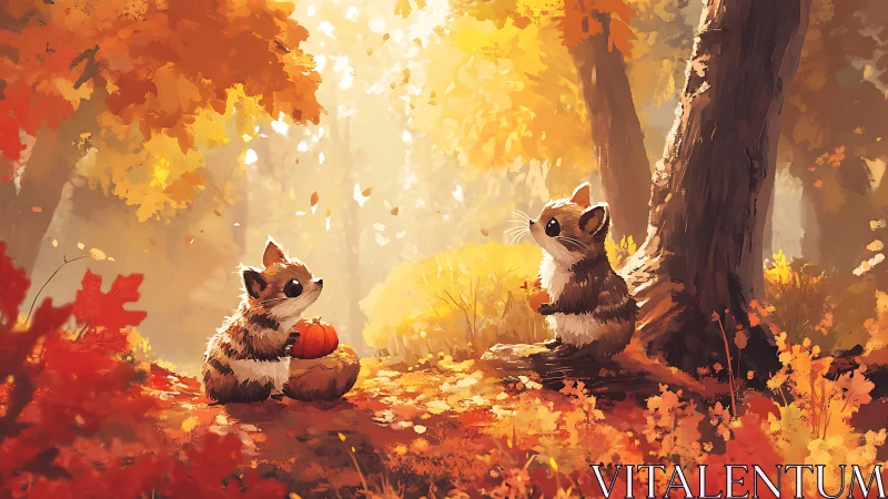 Tiny woodland friends sharing pumpkins in golden autumn light.