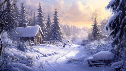 Cozy winter cabin glows softly in a peaceful snowy forest.