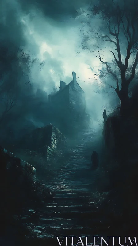 Moonlit hilltop path winds toward a lonely, misty house