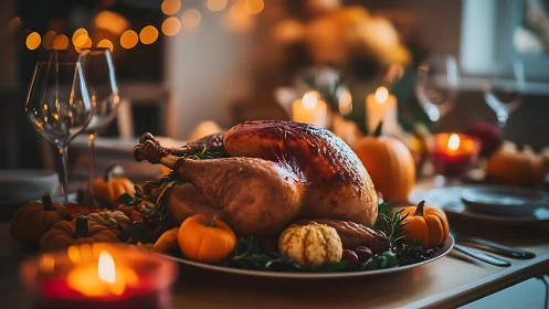 Golden roast turkey holds court amid candlelit harvest glow