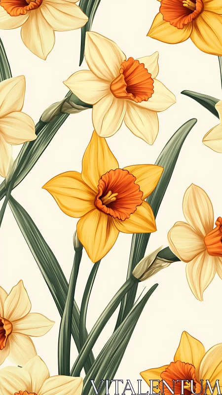 Spring Daffodils with Orange Centers: Botanical Illustration Study.