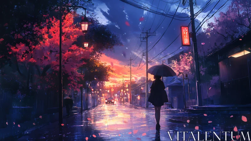 Rainy city street glows under vivid neon sunset sky.