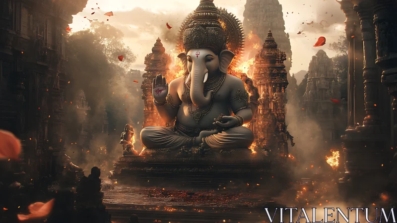 Radiant Ganesha statue glowing softly in a mystical temple.