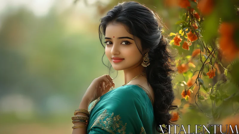 Portrait depicts woman in teal sari within floral outdoor setting