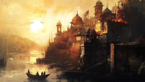 Sunlit riverfront citadel rendered in warm atmospheric perspective
