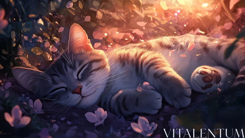 Sleeping Cat in Warm Golden Glow Surrounded by Petals