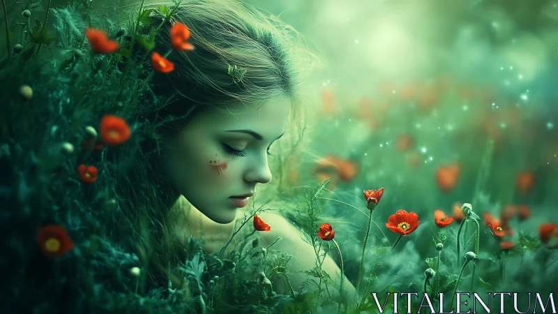 Forest nymph rests amid glowing poppies in misty meadow