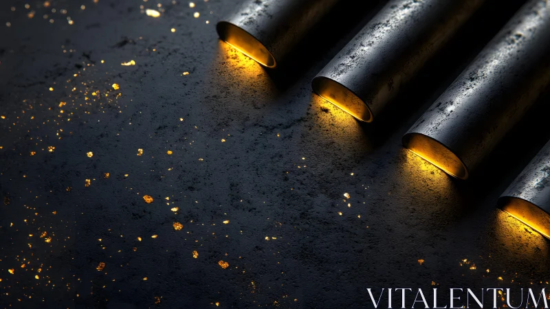 Industrial metallic pipes with golden glow on textured surface.