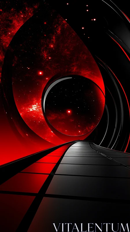 Curved orbital corridor toward red nebula aperture in space