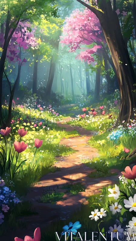 Enchanted Forest Path with Pink Blossoms and Wildflowers