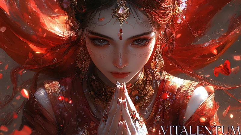 Fire-veiled priestess in crimson prayer beneath falling embers.