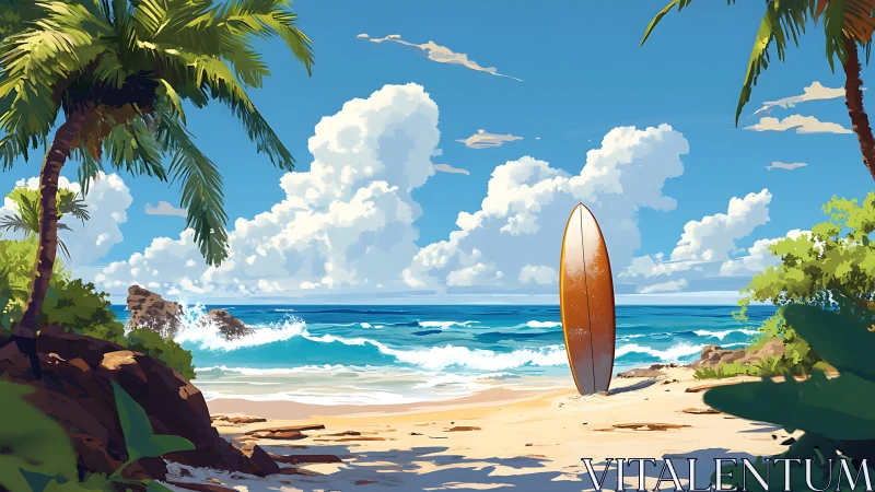 Tropical shoreline with upright surfboard and cumulus cloudscape