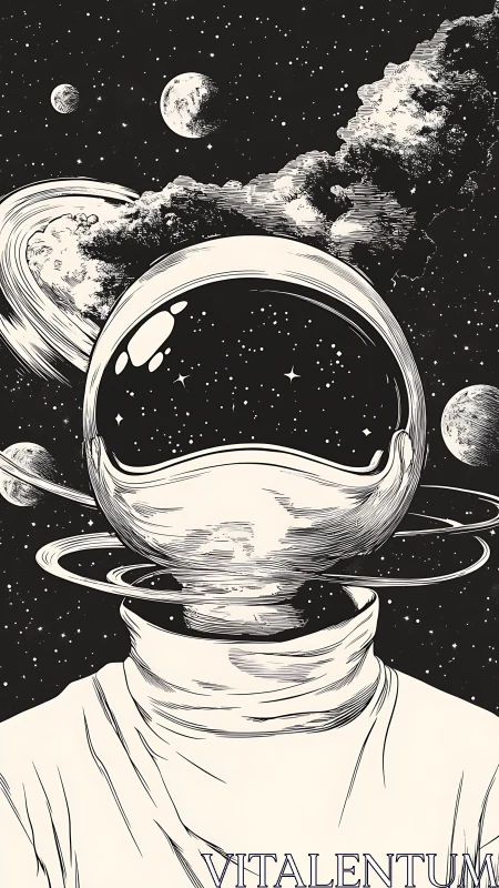 Surreal monochrome astronaut portrait with cosmic reflection