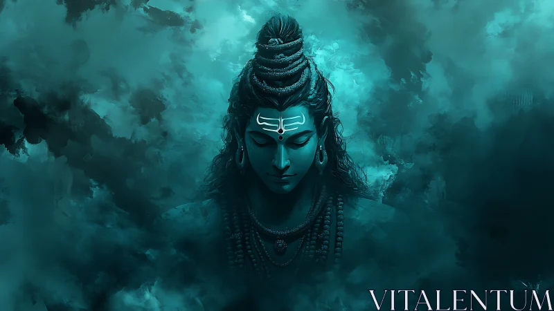 Divine blue deity emerges from swirling cosmic mist.