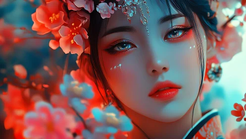 Dreamy blossom maiden with soft eyes and glowing petals.