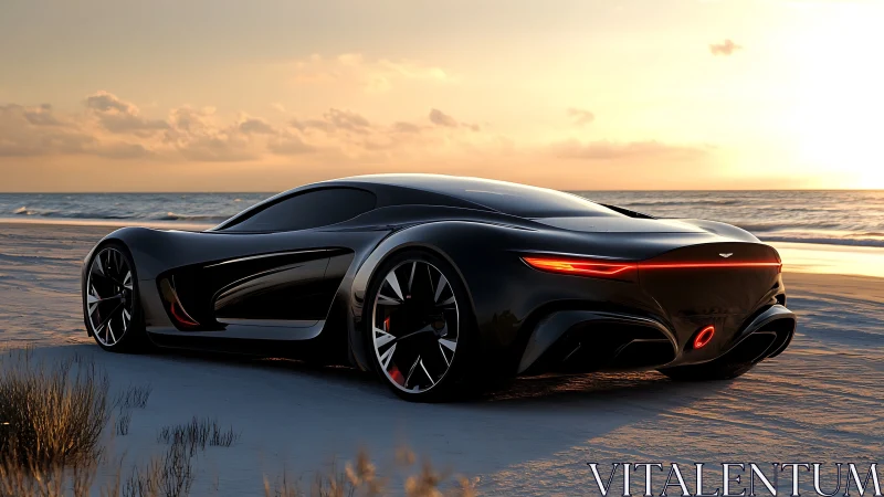 Photorealistic hypercar profile on sunset shoreline runway.