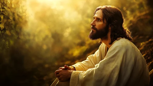 Solitary robed figure prays in golden forest light.