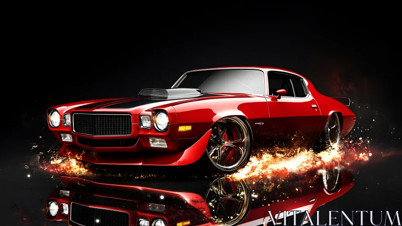 Fiery red muscle car blazing forward with bold street style.