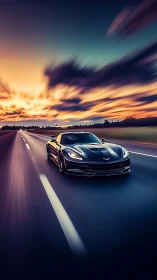 Black sports car on highway at sunset with motion blur.