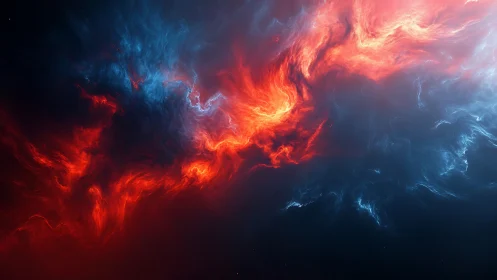 Cosmic firestorm collides with icy nebula in vivid starlit void.