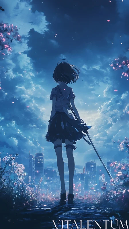 Midnight city duelist strides through neon-silver cherry haze.