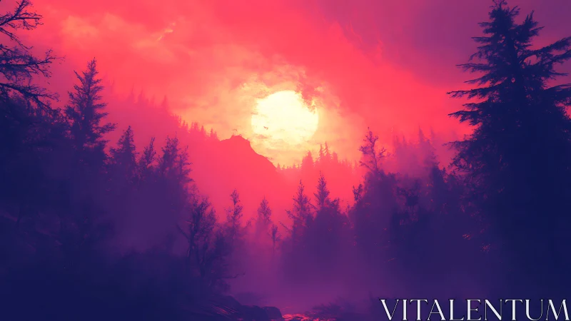 Neon dusk forest horizon under radiant solar bloom.