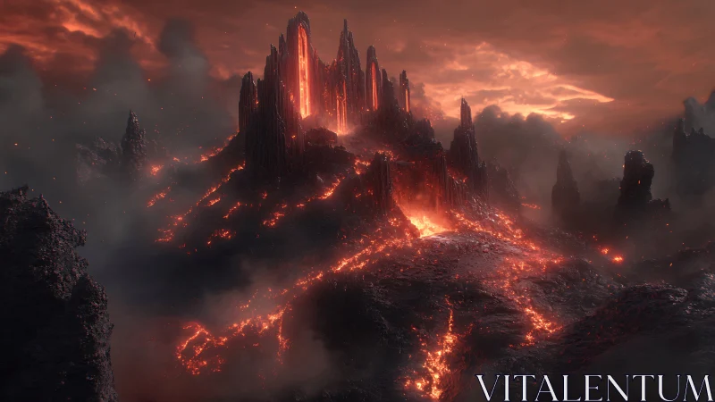 Molten Fortress Rising Through Volcanic Haze.