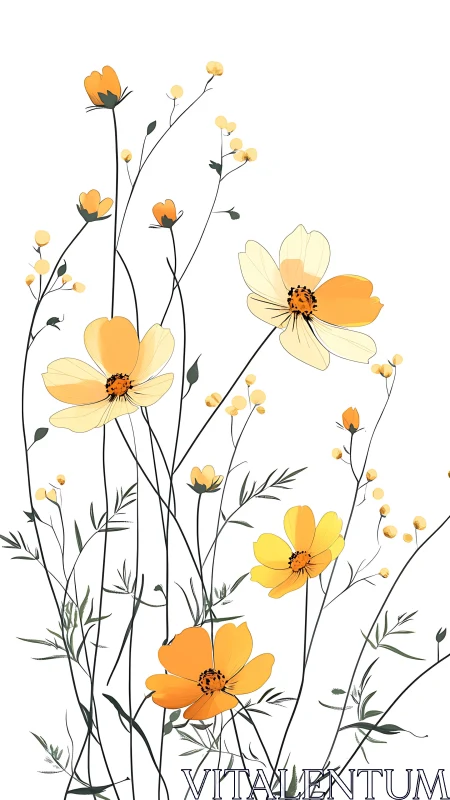 Garden of Yellow and Orange Cosmos Flowers with Black Stems.