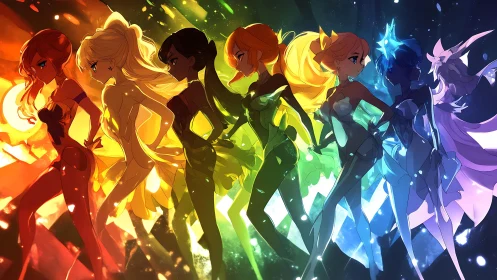 Radiant anime heroines glowing in a rainbow of color.