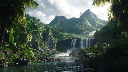 Tropical Waterfall Paradise Nestled Between Lush Mountains