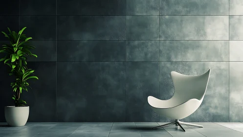 Modern interior space with sculptural white chair and potted plant
