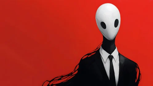 White oval-headed humanoid figure in suit on red field.