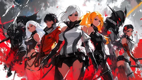 Dynamic anime strike team in high-contrast tactical composition.