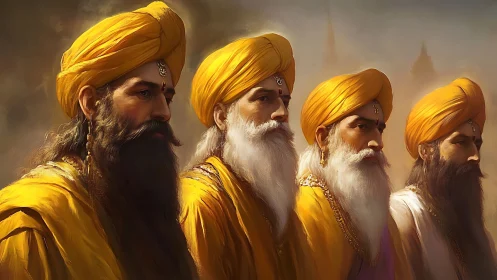 Golden-robed elders stand together in calm, dignified harmony