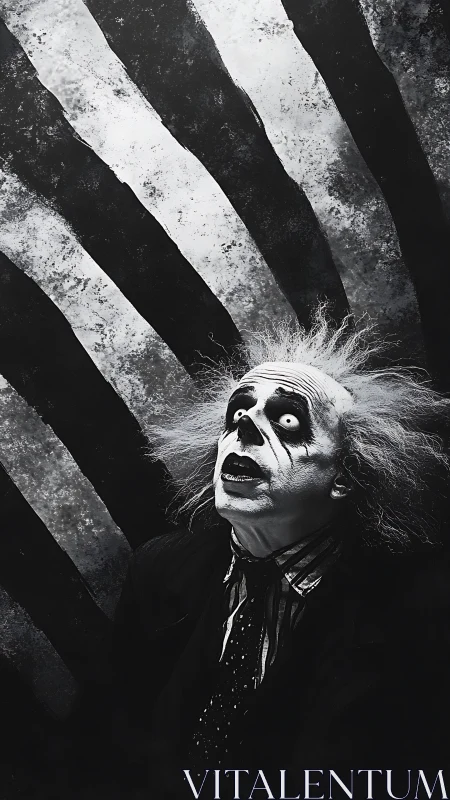 Grim clown figure lit in high contrast against striped wall