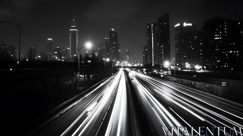 Monochrome urban highway light trails under city skyline.